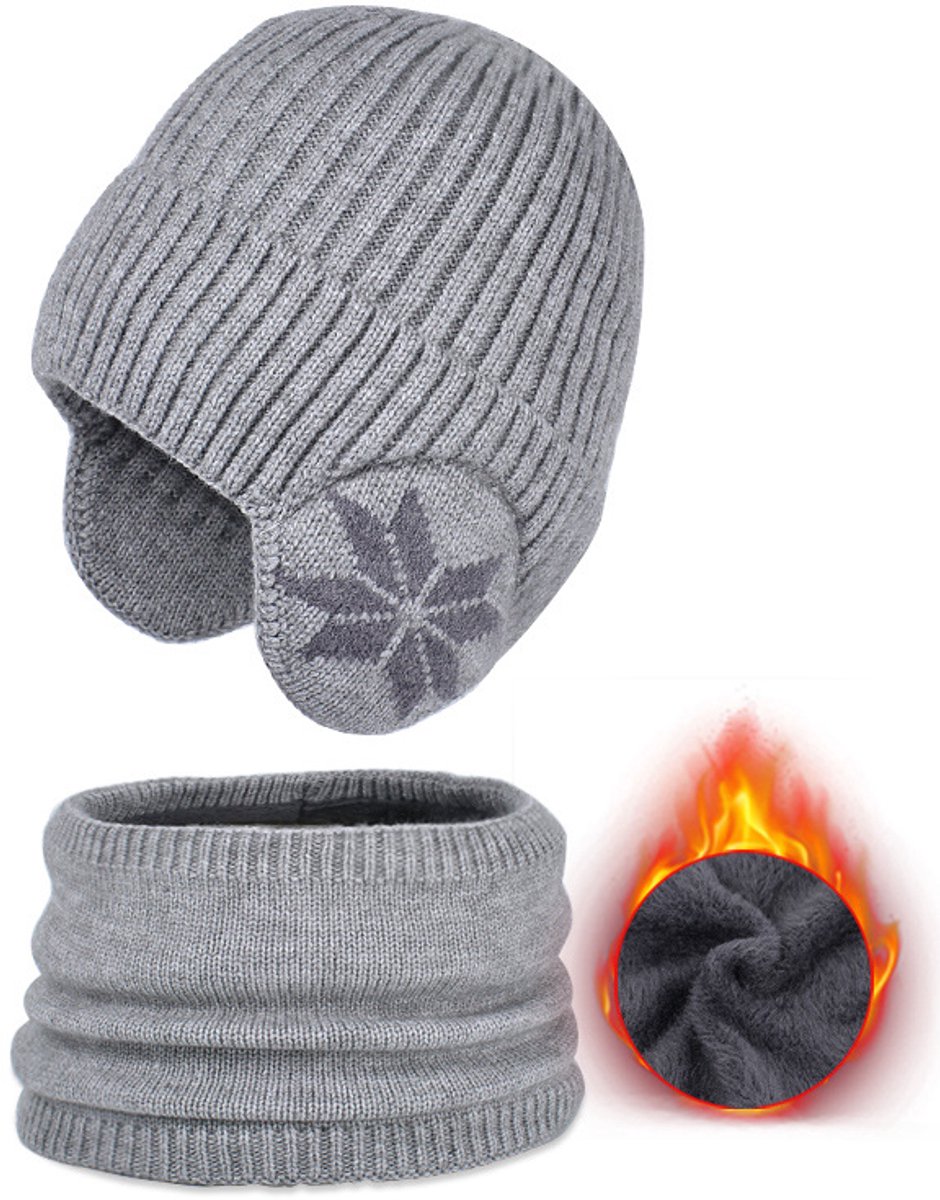 Winter fleece gevoerde hoed en sjaal set, warme gebreide muts, buitenoorbeschermende hoofdbedekkende hoed - lichtgrijs