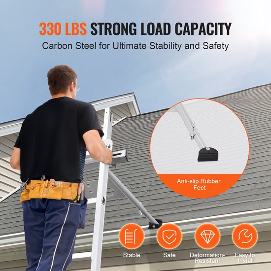 Man gebruikt de VEVOR ladder stabilisator, 330 lbs sterke draagcapaciteit, met anti-slip rubberen voetjes voor stabiliteit op het dak.