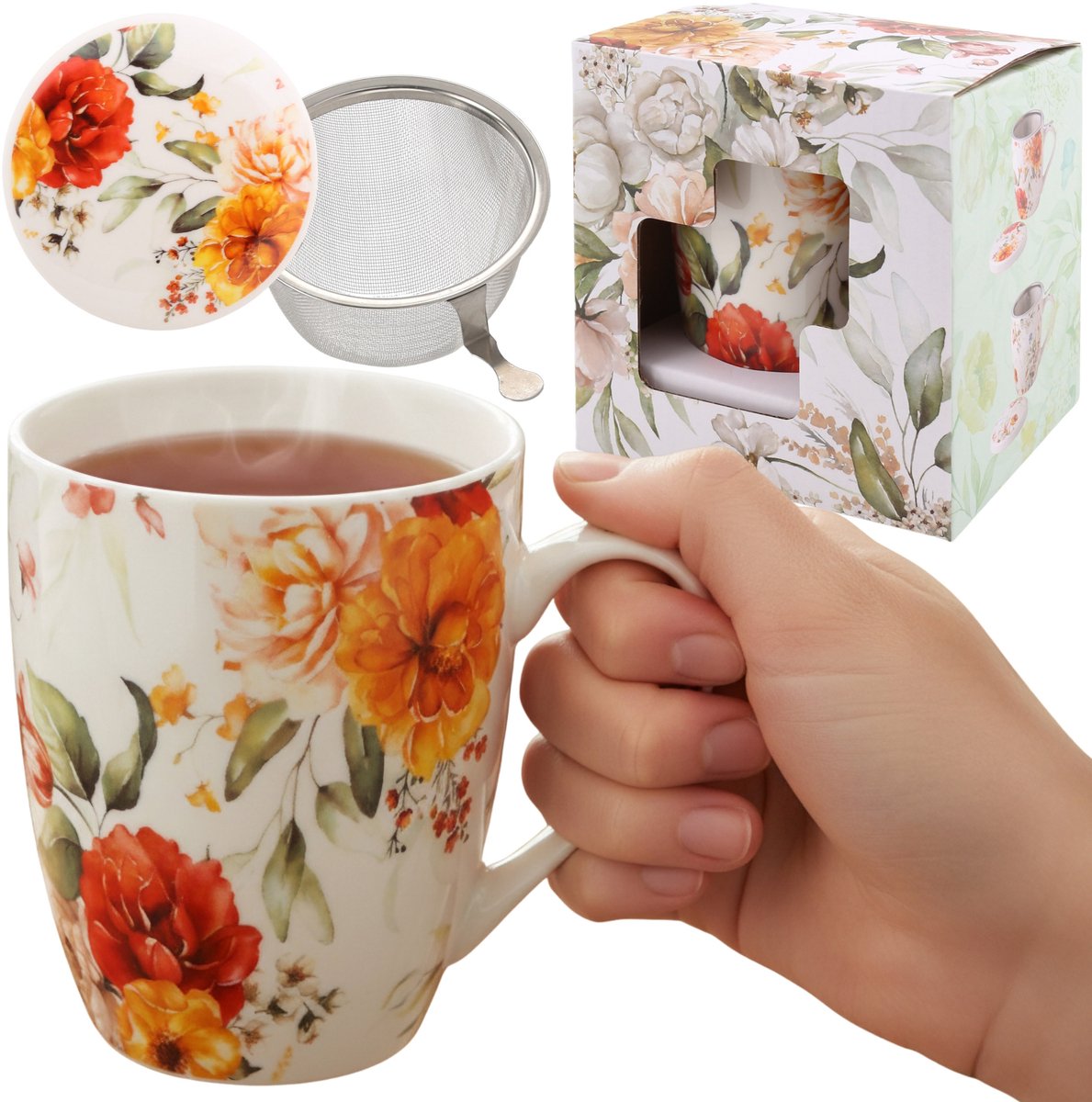 Theeset: porseleinen beker MOK 340 ml met infuser en deksel VOOR KRUIDEN, verpakt als CADEAU