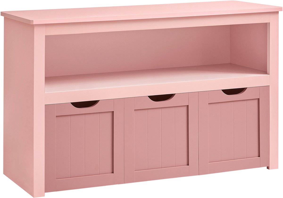 Speelgoedkast - Houten Opbergmeubel – Zitbank met 3 Opberg Vakken - Roze - 102x30x60cm