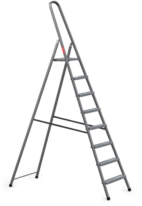 Grijze vouwladder met 8 treden en een platform, op een witte achtergrond.