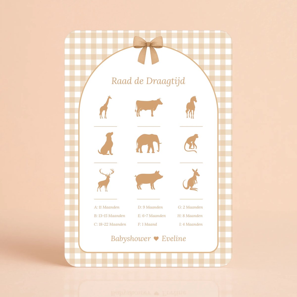 Gepersonaliseerde Gender Reveal & Babyshower invulkaarten – Raad de Draagtijd – Gingham Bruin - 20 Stuks - Babyshower Cadeau - Babyshower Spelletjes