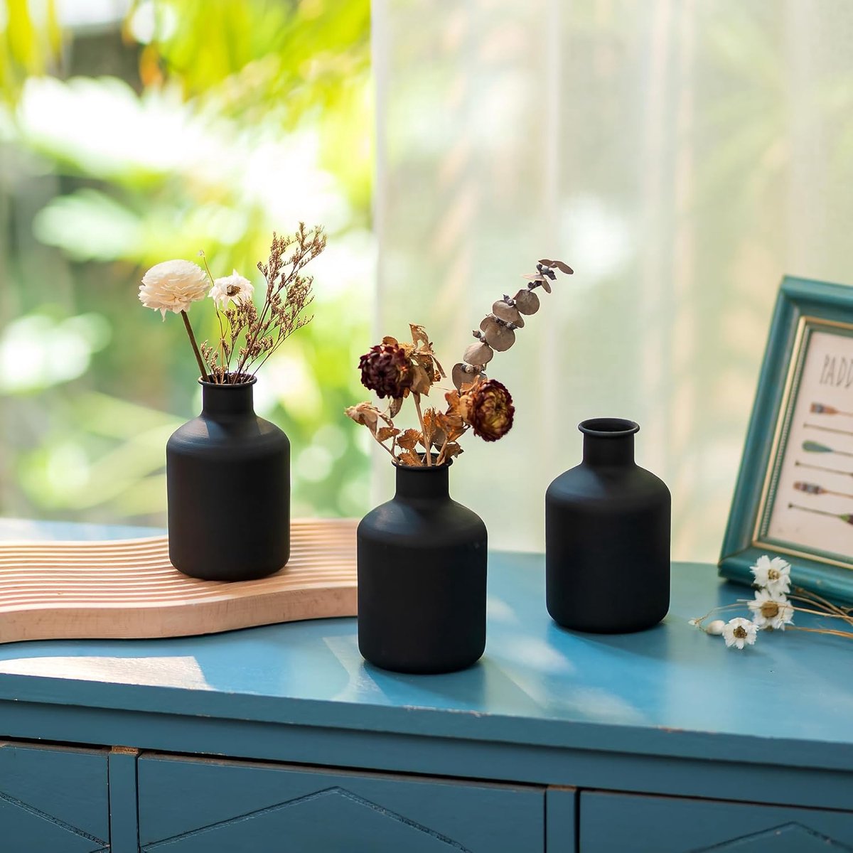 Famanu – Metalen mini vaasjes set van 3, cilindervormig ontwerp, zwart, geschikt voor gedroogde of kunstbloemen, moderne decoratie voor woonruimte en keuken