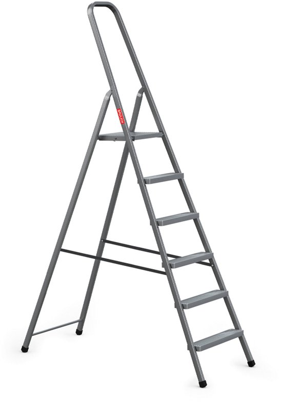 Grijze vouwladder van Baulich met 6 treden, op witte achtergrond.