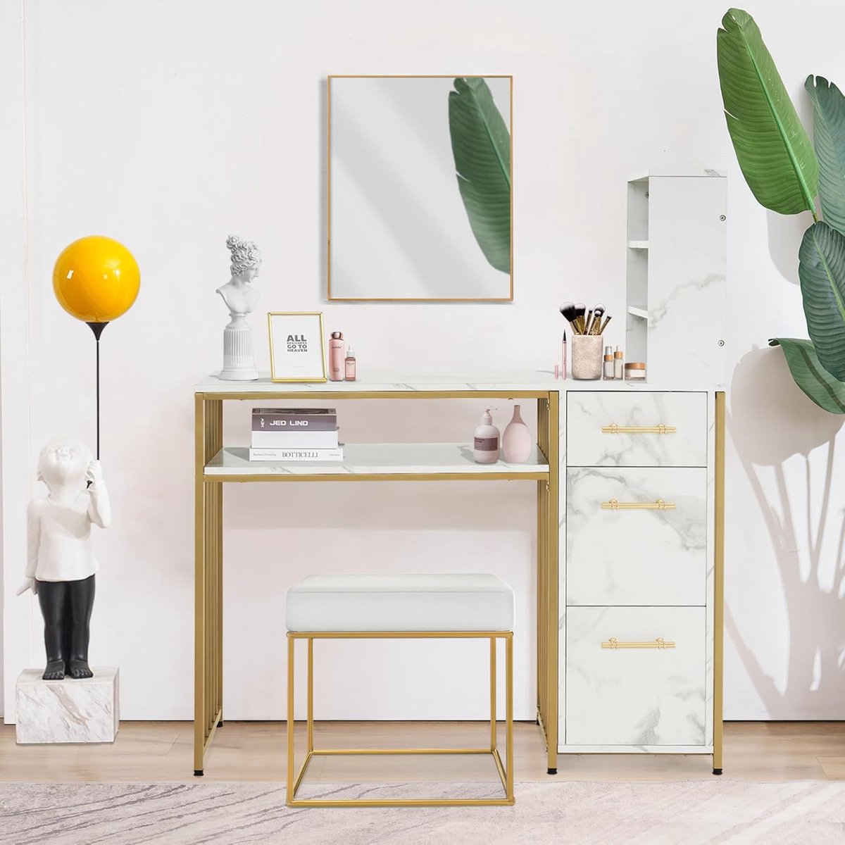 Bureau met 3 laden, nageltafel van hout, metalen frame, kaptafel zonder spiegel modern, computertafel met plank woonkamer, 43x108x125cm, 2420