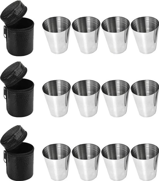 Set van drie glazen: één set bevat vier herbruikbare, stapelbare kleine roestvrijstalen glaasjes – knijpglaasjes van 30 ml, geschikt om wodka of tequila uit te drinken.