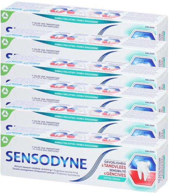 Sensodyne Gevoeligheid & Tandvlees Tandpasta Extra Fresh, 6 tubes met witte en blauwe verpakking.
