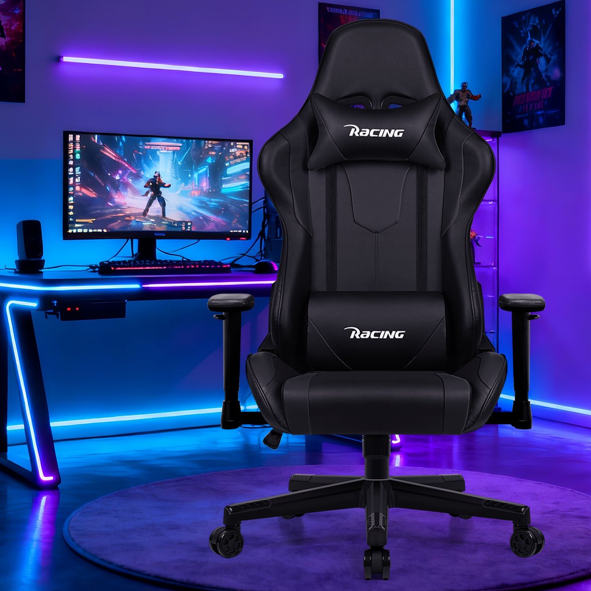 Gaming Stoel-Gaming Chair mit 90°-165° Rugleuning-Racing Style-Max Gewicht 150 kg-Zwart