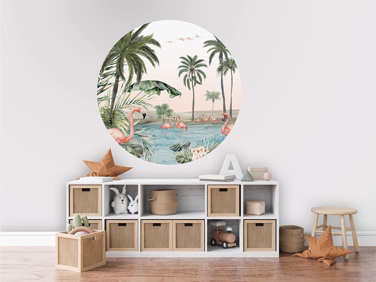 Muursticker Flamingo Oasis Kikki Belle-kinderkamer-eyecatcher-flamingo-wanddecoratie-kinderkameraccessoires-100cm