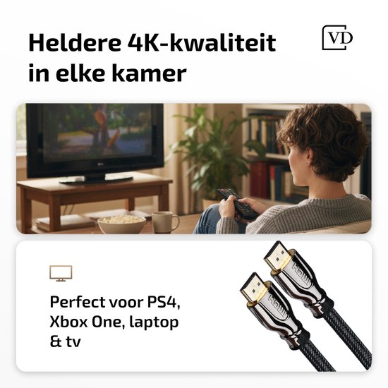 Onderkant van een vrouw kijkt tv met afstandsbediening. HDMI-kabels met vergulde connectoren.