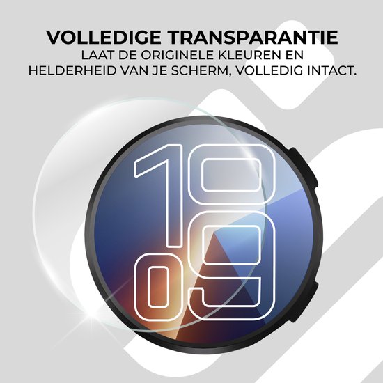 Een smartwatch scherm met een heldere, transparante screenprotector. Tekst: 'Volledige transparantie'.