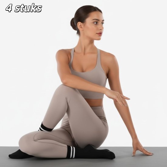 4 stuks - Sokken - Yoga antislipsokken - Pilates-sokken voor dames - Halfhoge sokken - Geschikt voor dans, trampoline, pilates, fitness, yoga en andere sporten - Zwart