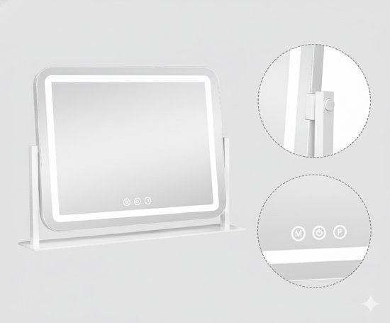 Witte make-upspiegel met LED-verlichting, touch-bediening en details van de scharnier.