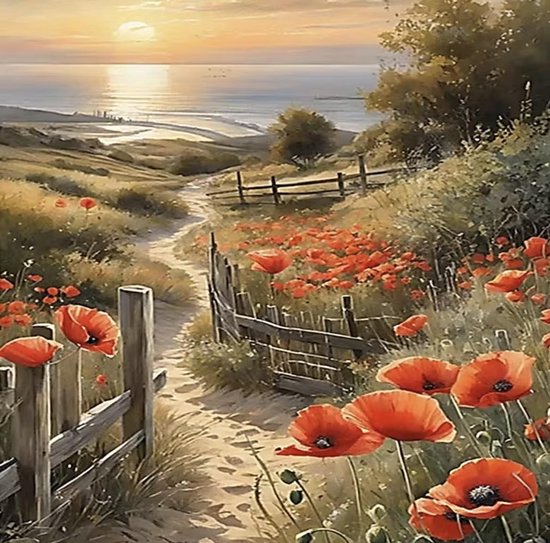 Peinture par numéros – Dunes aux coquelicots – 40 x 50 cm – Sans cadre – Peinture acrylique et Pinceaux inclus – Toile – Paysage