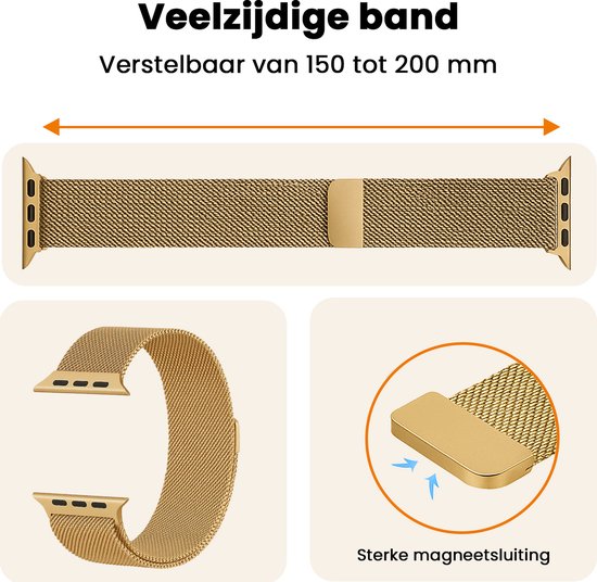 Gouden Milanese horlogebandje, verstelbaar van 150 tot 200 mm, met sterke magneetsluiting.