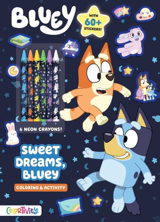 Coloring & activity boek met Bluey en Bingo. Bevat 6 neon kleurpotloden en meer dan 60 stickers.
