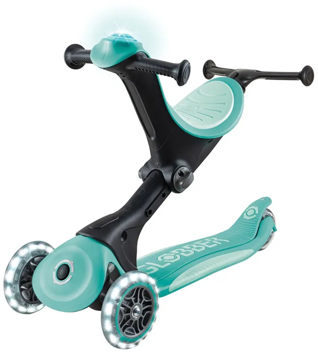 Bol.com Meegroeistep - Globber Go Up Deluxe Flash Lights Mint - munt - lichtgevende wielen - met duwstang - in hoogte verstelbaa... aanbieding