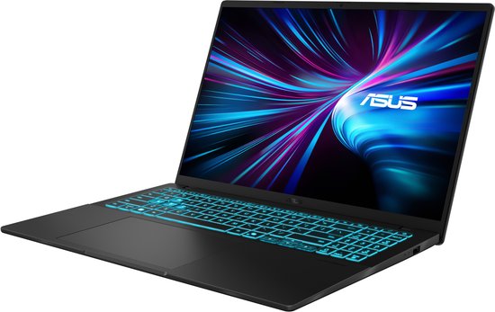 Zwarte ASUS laptop met verlicht toetsenbord en abstracte achtergrond op het scherm.