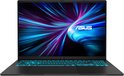 Frontale weergave van een zwarte ASUS laptop met verlicht toetsenbord en abstracte achtergrond.