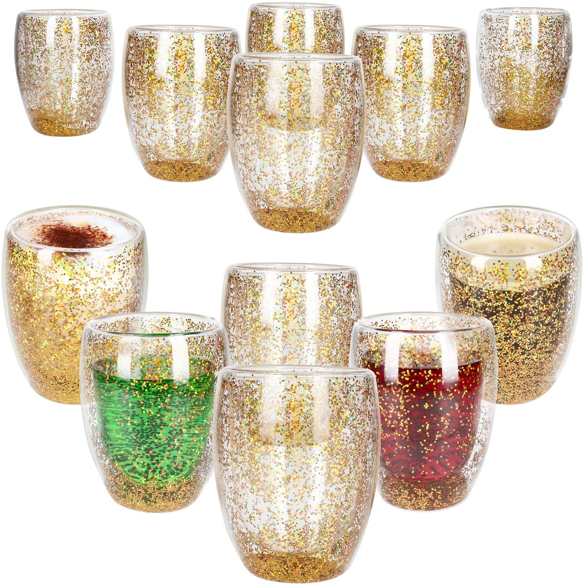 12-delige set KONFETTI dubbelwandige glazen met goudglitter uit glas - 27022367