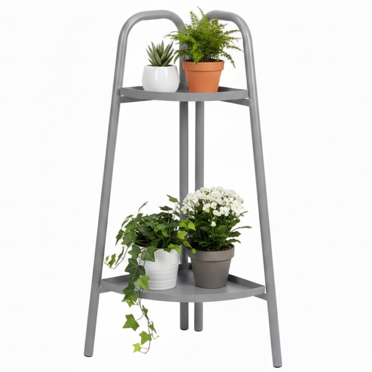 Lomera Metalen Plantenrek - Hoekmodel Plantenrek - Gepoedercoat Frame - Licht Grijs - Planten Rek - Scharnier Ontwerp - Plantenstandaard - Bloemenrek - Mat Licht Grijs - Decoratief Rek - Compact Formaat - Metalen Frame - Hoekmodel