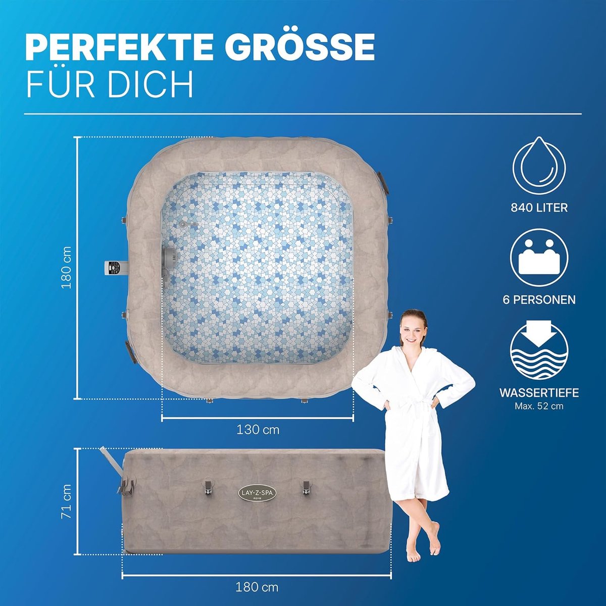 Opblaasbare Whirlpool 6 Personen met App-besturing – Novihome Rome Luxe AirJet™ Spa 180x180x71cm – Energiebesparende Bubbelbad met UltraFit™ Pomp & Thermo Afdekking – Tot 40°C Verwarming – Bruine Marmerlook