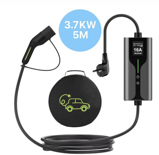 Chargeur pour mobil-home 3,7 kW Type 2 | 5 mètres | Schuko 16A | charge réglable et différée | Sac compris