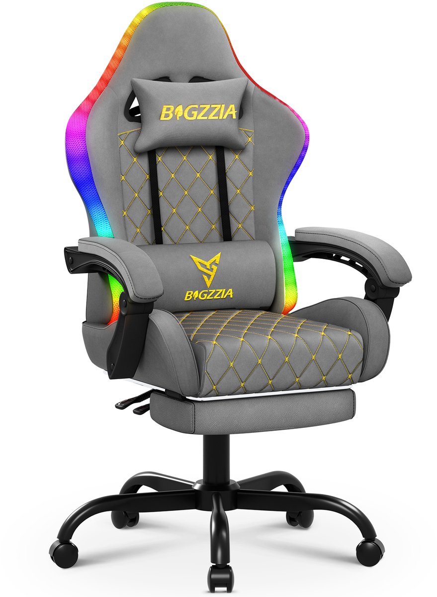 BIGZZIA Gaming stoel - Ergonomische stoel - 90-135° Verstelbare Rugleuning - 150kg Belastbaarheid - 360° Draaibaar - met hoofdkussen en lendenkussen - RGB-verlichting - voetensteun - grijs