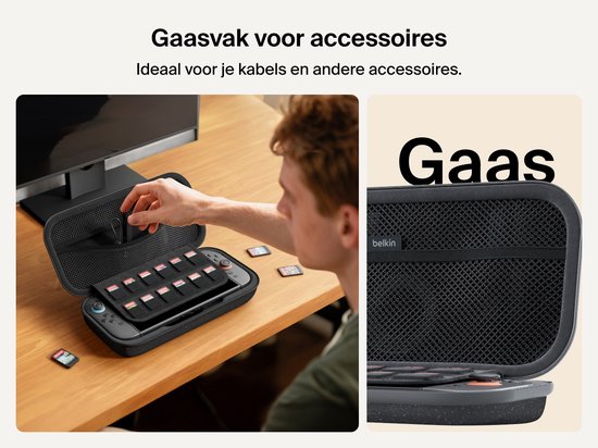 Man plaatst spelcartridges in een open hoes met gaasvak voor accessoires.