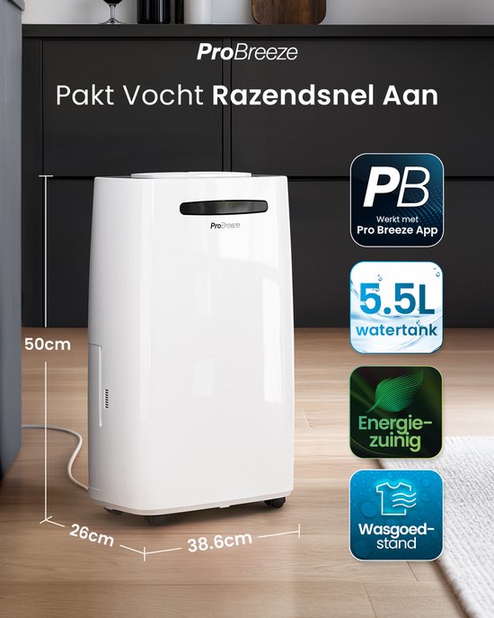Pro Breeze 6L/dag Luchtontvochtiger - 2L Tank - Voor Thuis, Garage En Kelder - Verwijder Schimmel En Vocht