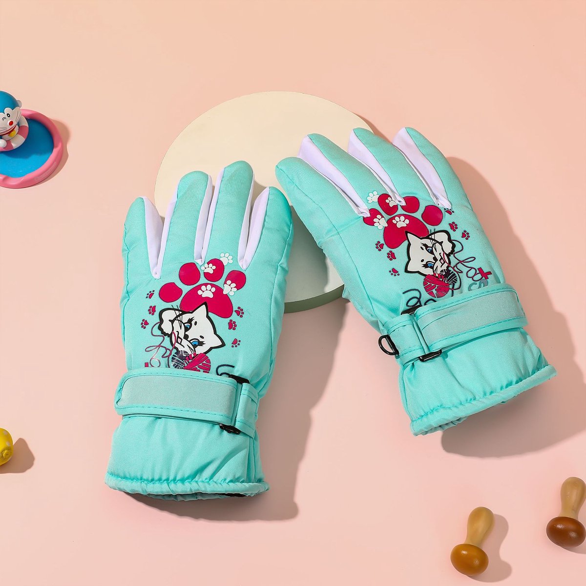 Handschoenen, kinderskihandschoenen winter waterdicht schattig patroon warm cyaan