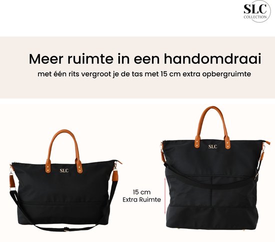 Zwarte reistas met bruine handvatten, links in gesloten staat, rechts met 15 cm extra diepte door open rits.