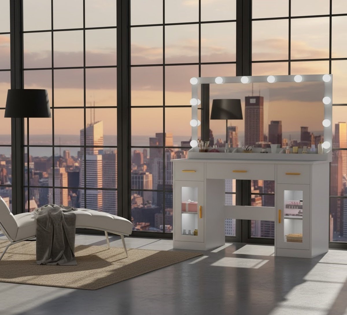 Elegante Verlichte Make-uptafel met Spiegel en 3 Laden – 110 x 40 x 140 cm – Modern Design voor Slaapkamer, Kaptafel met Glasplaat en LED-verlichting – Novihome
