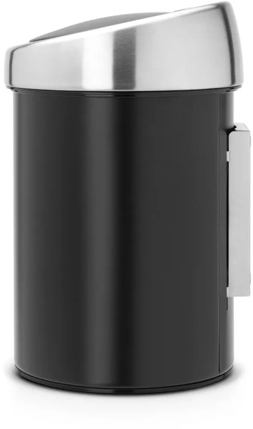 Zijzicht van een zwarte Brabantia prullenbak met mat stalen deksel en houder.