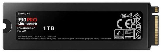 Samsung 990 PRO SSD met heatsink, zwart met rode ventilatieopeningen.