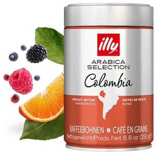 Illy Arabica Selection Colombia koffiebonen in blik, met fruit en bladeren.