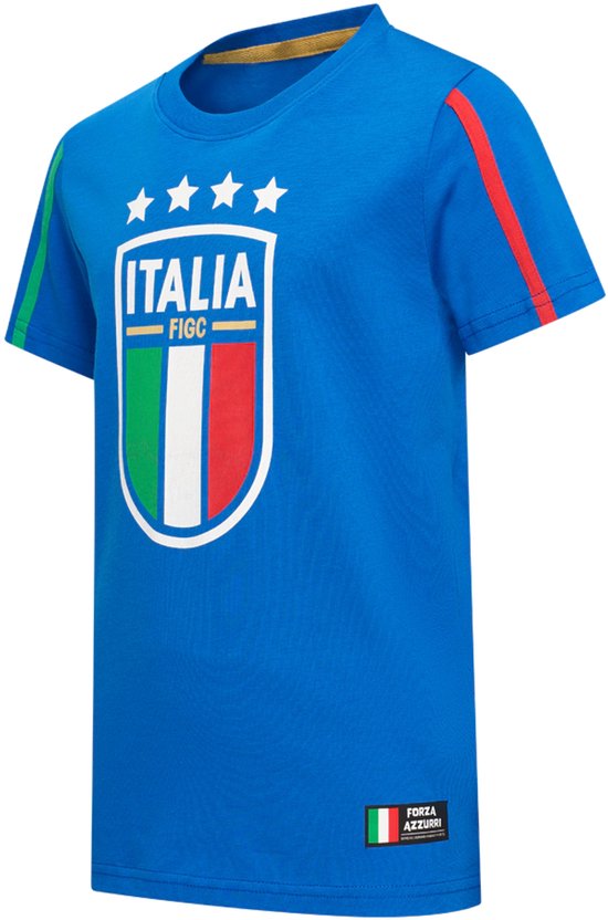 Blauw T-shirt met Italië wapen, vier sterren en groen-wit-rode strepen op de mouwen.