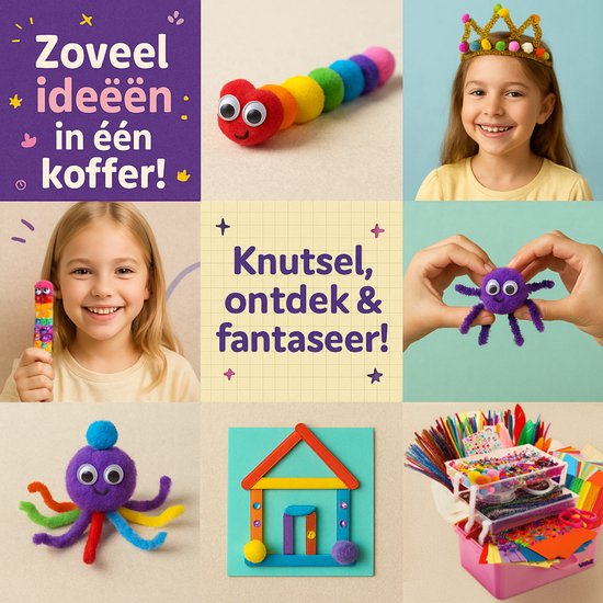 Collage met knutselideeën: rups van pompons, meisje met kroon, kind met regenboog-knutselwerk, spinnenknutsel, kind met octopus-knutselwerk, huisje van ijsstokjes en een opbergkoffer.
