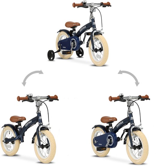 Trois vues d'un vélo enfant Deryan bleu foncé 3-en-1 avec pneus beiges et selle et poignées marron.