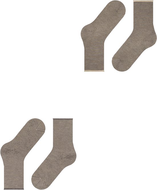Vier dames sokken met fijne horizontale strepen in beige en bruin, met beige boorden. Losse weergave van paren.