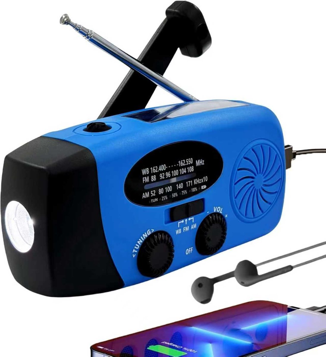 Radio Op Batterijen (Accu) Voor Rampen - Radio Opwindbaar - Noodradio - Noodradio Solar Opwindbaar(Blauw)