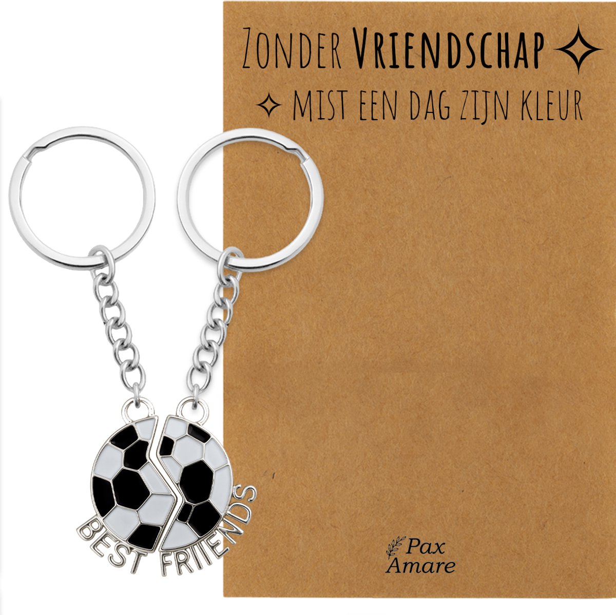 BFF Sleutelhanger voor 2 'Zonder Vriendschap mist een dag zijn kleur' - Magnetische Voetbal - Sleutelhanger set op Cadeau Kaartje - Zilverkleurig - Vriendschap Symbool - Pax Amare