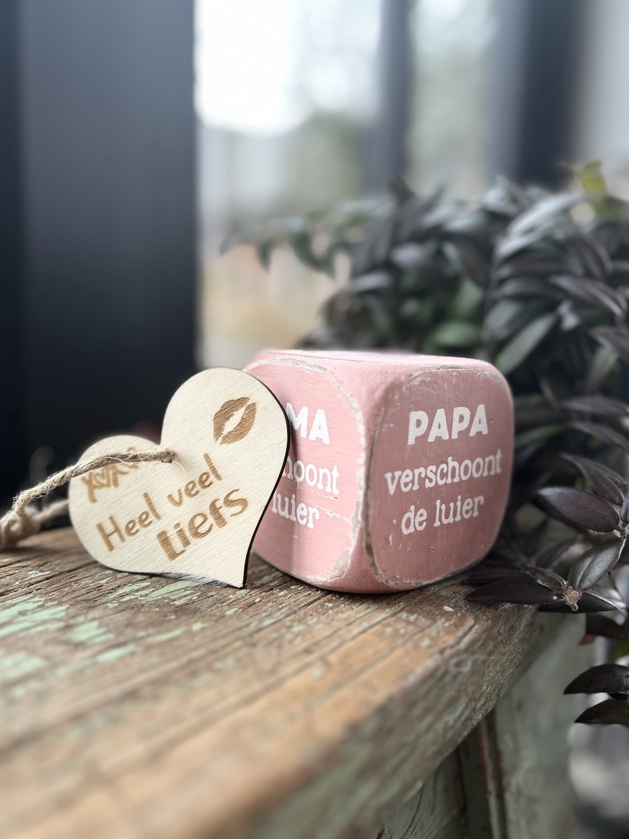 Creaties van Hier - dobbelsteen 8x8cm met houten hartje - mama papa verschoont luier- School - roze - Hout
