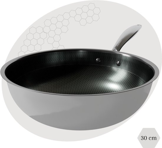 Wok Morelia® Ø 30 cm Zwart - Poêle antiadhésive en acier inoxydable nid d'abeille - Sans PFAS ni PTFE - Induction, électrique, vitrocéramique et gaz