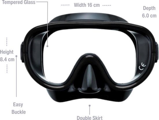 ReefTourer Snorkelset – Premium duikbril met snorkel, hypoallergene siliconen snorkelmasker één venster – Zwart – RC-0105-BKBK