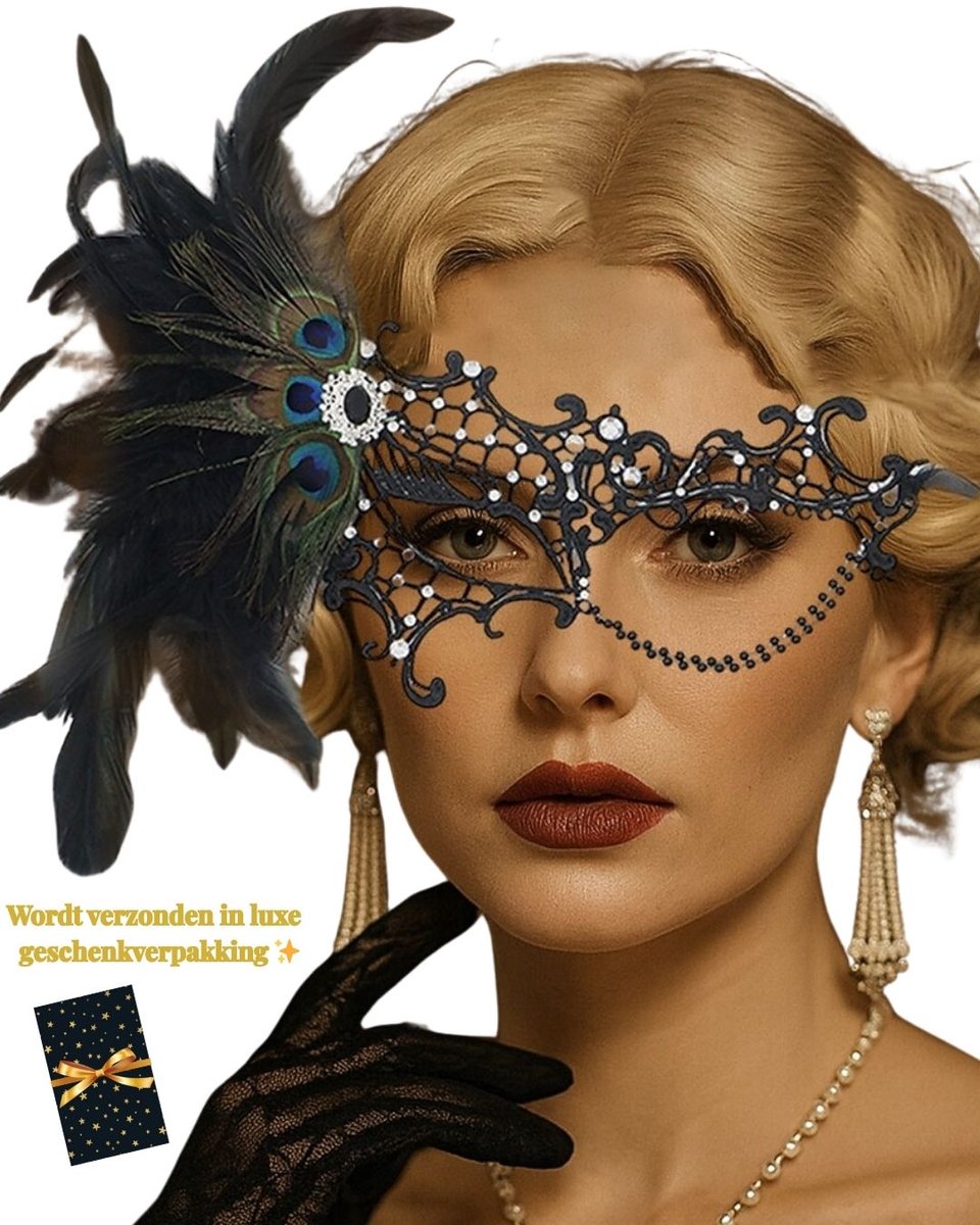 Festivallook – Royal Temptation – Luxe Verkleedmasker met Pauwenveren, Strass & Kettingdetails | Themafeest | Verkleedkleding | Masquerade | Carnaval | Halloween | Gala | One Size | Dare to Undress
