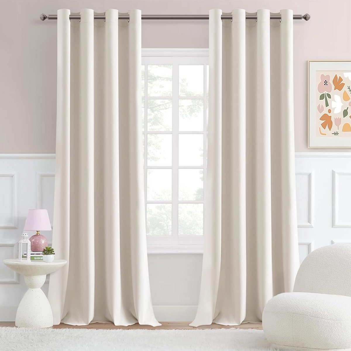 Half-ondoorzichtige gordijnen met ringen voor slaapkamer en woonkamer, 140 x 245 cm, lichtbeige, warmte-isolerend