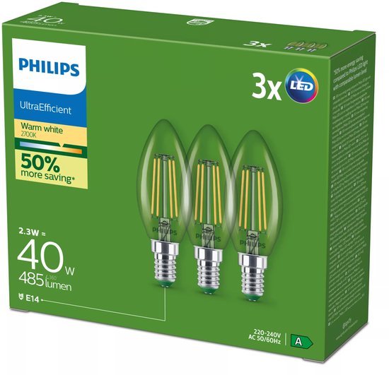 Lampes LED Philips UltraEfficient : lot de 3, blanc chaud 2700K, 2.3W = 40W, 485 lumens, culot E14. Étiquette énergétique A.