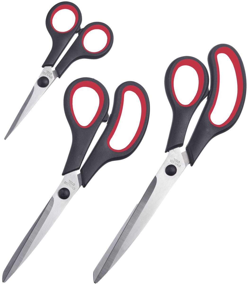 Westmark 3-delige schaarset, 1x knutsel- en naai-schaar (14 cm), universele huishoudschaar (21 cm) en papier- en knutselschaar (25 cm), roestvrij staal/plastic, zwart/rood/zilver, 137622E6