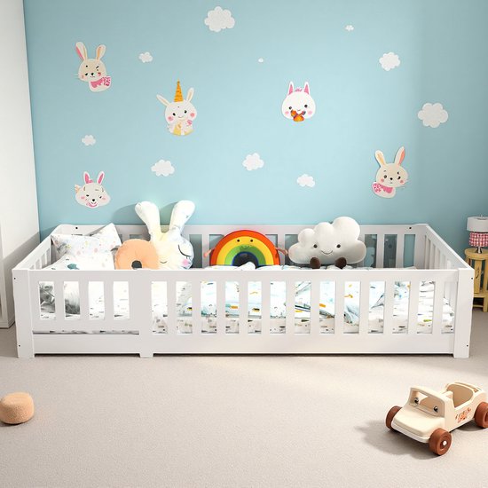 ROSAHQNDA Kinderbed met anti-woede 90x200cm massief grenenhouten Montessori vloerbed voor jongens en Madchen